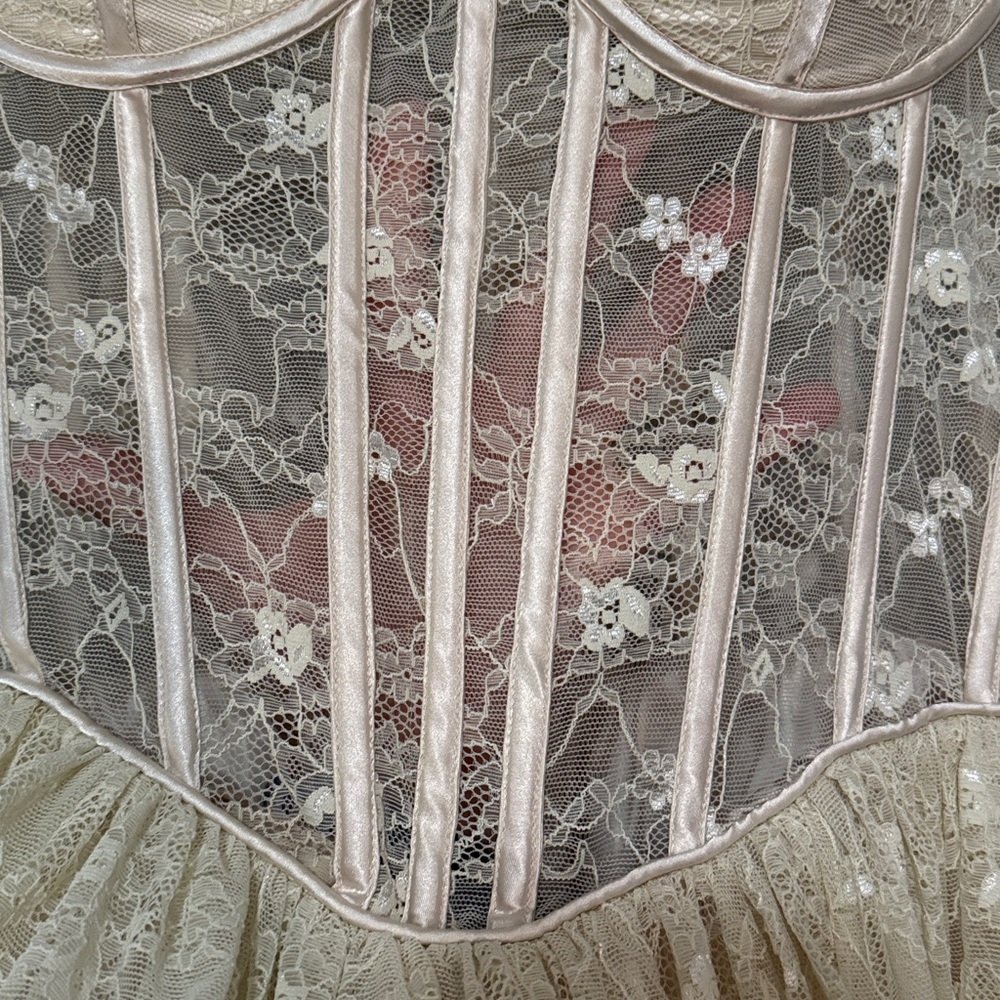 NWT AKIRA Brunchin Lace Mini Dress-Sz 1X-Cream Floral Overlay-Sheer Corset Top - Picture 9 of 15